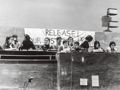 Tribunal international des crimes contre les femmes en 1976 à Bruxelles. Le groupe des prisonnières politiques témoigne en affichant une banderole : « Release our sisters in prison » (Libérez nos sœurs emprisonnées). anonyme / Carhif-AVG, Bruxelles