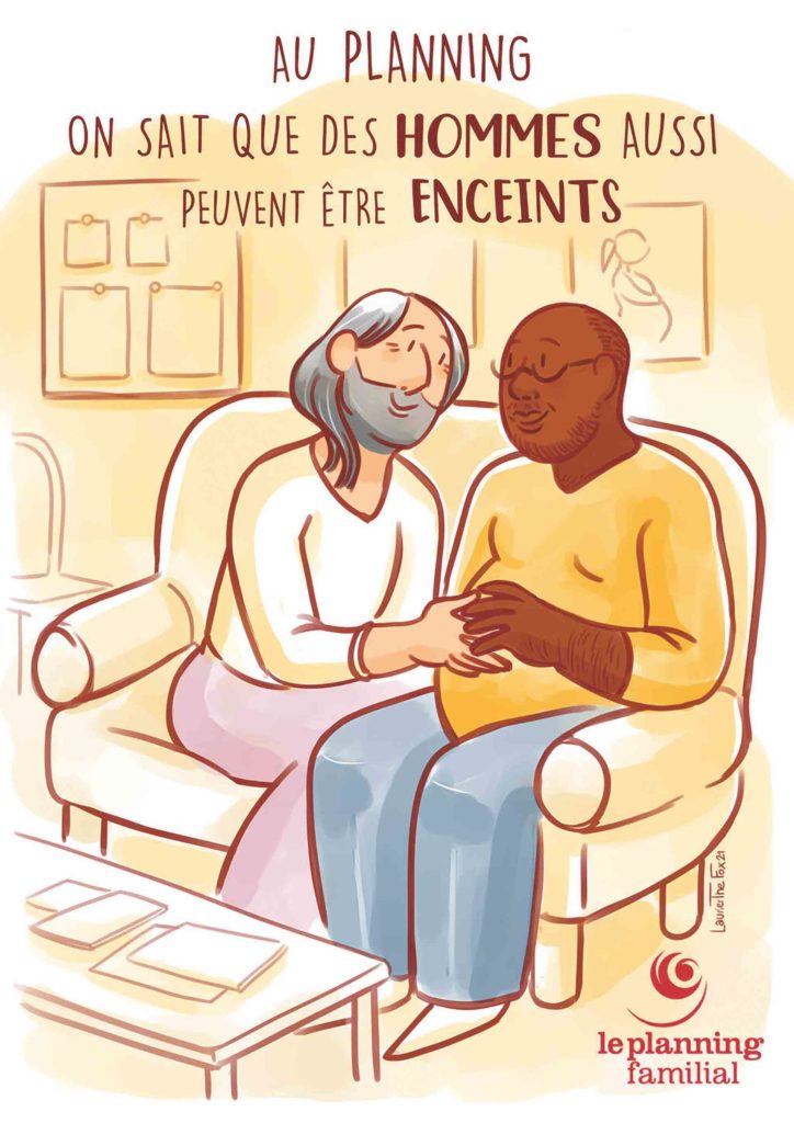 Affiche de sensibilisation du Planning familial représentant un homme enceint, réalisée en 2022 par Laurier The Fox.LAURIER THE FOX / PLANNING FAMILIAL