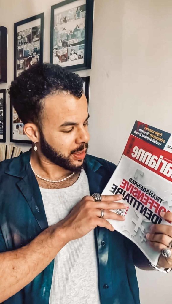 Le psychologue Morgan Noam décrypte régulièrement les offensives antitrans dans les médias conservateurs. Ici, dans une vidéo postée sur Instagram en juin 2023 sur le dossier de l’hebdomadaire Marianne « Transgenres, l’offensive identitaire ». Morgan Noam