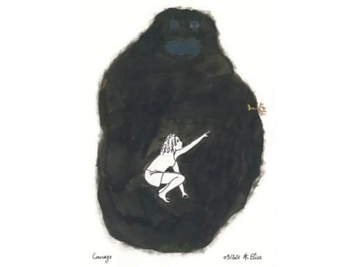 Face au souvenir traumatique de l’inceste, Élise Ki a commencé à dessiner. « Le dessin me permettait d’extérioriser, de remettre à distance. » Ce dessin, intitulé Courage est accompagné d’un poème : « La peur surgit / Il est temps de se battre / Pour une goutte d’espoir. » Élise Ki / Alon féminisme Réunion