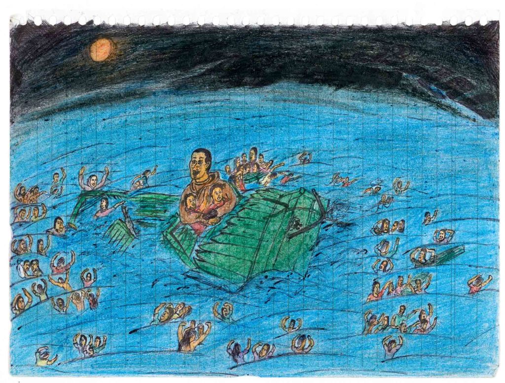 Le dessin ci-dessus nous a été fourni par les équipes de Médecins sans frontières (MSF). Son auteur, un adolescent érythréen de 15 ans, a tenté de traverser la Méditerranée en 2019. Le bateau a coulé et le garçon a assisté à la noyade de 130 personnes. « L’image qui ne le quitte plus est celle d’un père qui tenait ses deux bébés dans les bras. Il ne pouvait pas nager en tenant ses enfants, mais se refusait à les lâcher. L’auteur les a vus sombrer ensemble, sans pouvoir les aider », précise l’équipe de MSF. Transféré en centre de détention libyen quelques jours après le naufrage, il y a réalisé ce dessin.MÉDECINS SANS FRONTIÈRES / DÉFLAGRATIONS