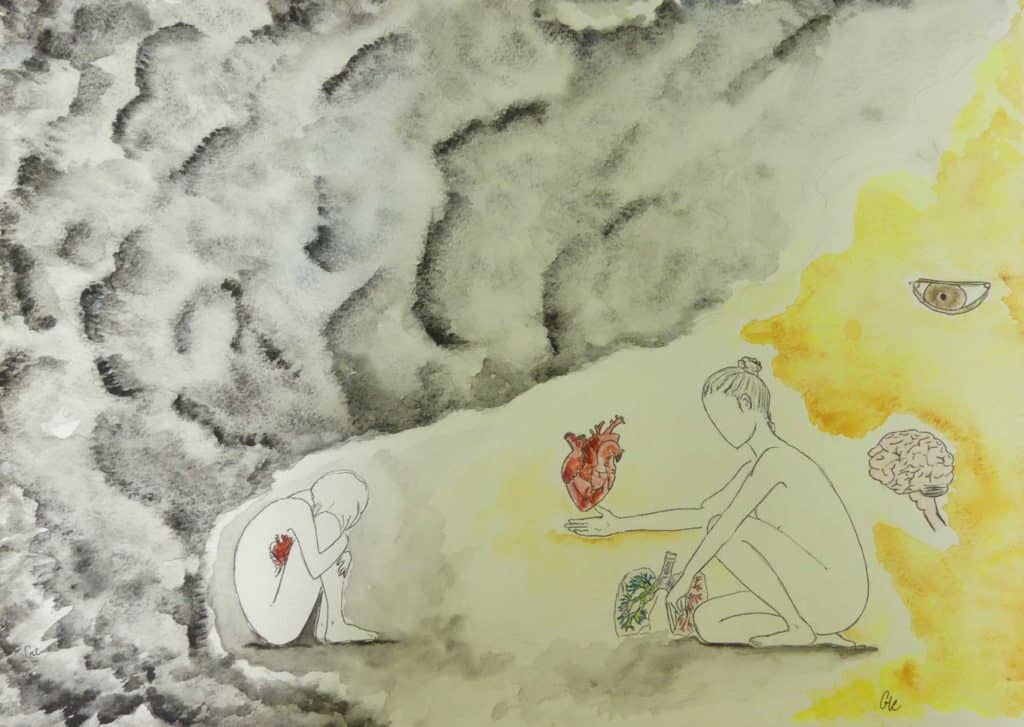 GLC, Au fond du trou, 2020. L’image est venue à l’autrice en début de thérapie. « Le “moi adulte” demande au “moi enfant” de venir vers lui », expliquet-elle. Ce dessin a été exposé à plusieurs reprises dans le cadre de l'exposition Psychotraum’Artistes, à Saint-Denis, La Réunion entre 2021 et 2024.GLC / ALON FÉMINISME RÉUNION