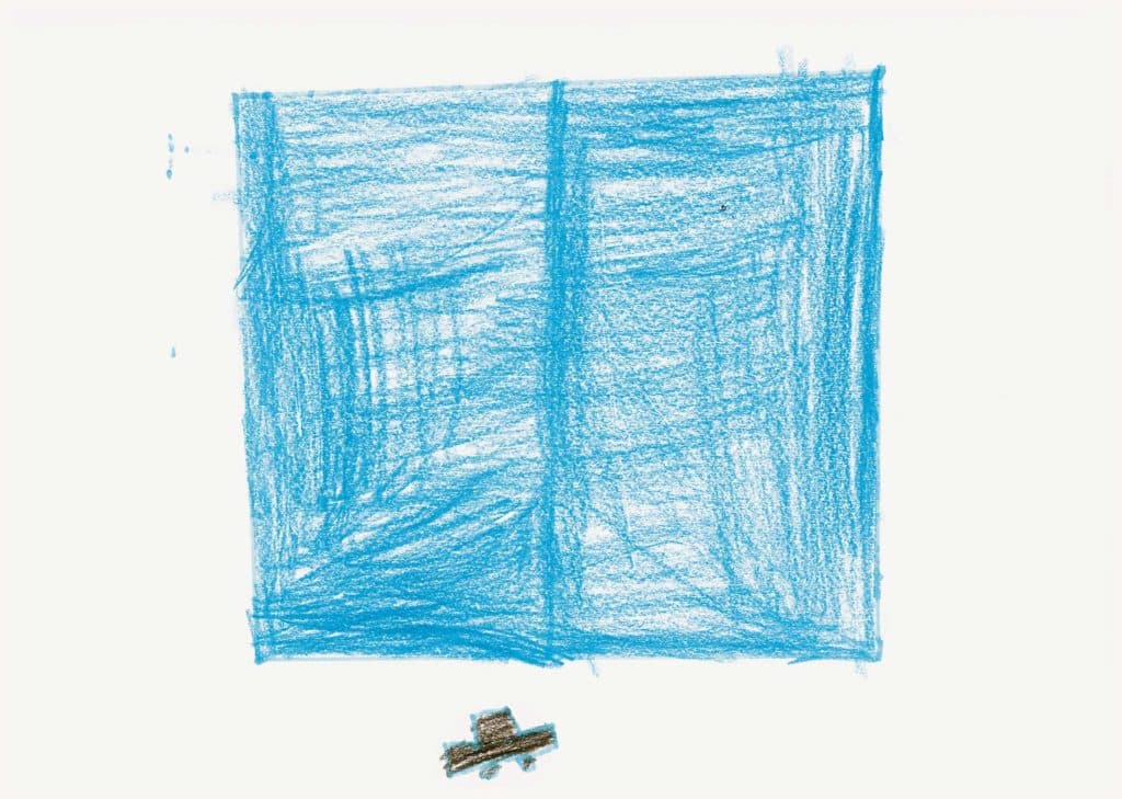 L’auteur du dessin ci-dessus, un garçon syrien de 8 ans, a dû fuir son pays avec sa famille en 2012 alors qu’il était âgé de 3 ans. Cinq ans plus tard, réfugié à Irbid, en Jordanie, il s’applique, au centre de santé mentale de Médecins sans frontières, à dessiner un rêve : « C’est une porte et une voiture. Nous revenons dans notre pays. Je me souviens de la porte. Elle était bleue. Je suis dans la voiture, avec toute ma famille. »MÉDECINS SANS FRONTIÈRES / DÉFLAGRATIONS