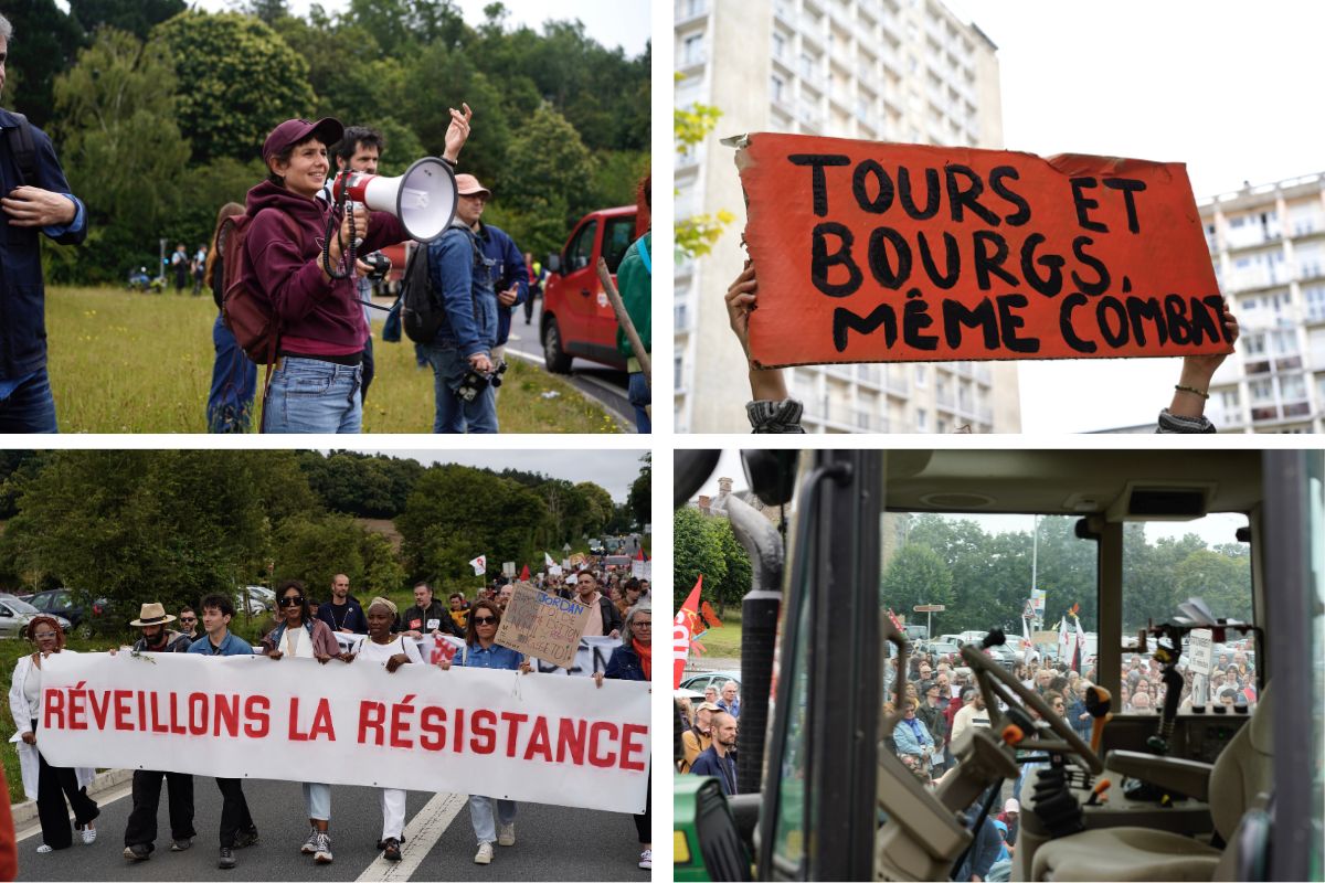 Lors du « grand rassemblement » organisé mercredi 3 juillet 2024 par des militantes féministes en Ile-et-Vilaine. En haut à gauche, Juliette Rousseau et en bas, au centre de la banderole, Régine Komokoli. Crédit : Margot Dejeux.