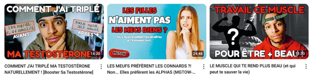 Captures d’écran de la chaîne YouTube de Killian Sensei, 189 000 abonné·es. Ses vidéos les plus populaires proposent des solutions pour booster son taux de testostérone. Les masculinistes tentent de prouver que les hormones différencient les hommes et les femmes, explique l’anthropologue Mélanie Gourarier.